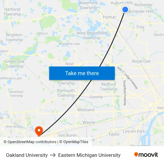Oakland University to Eastern Michigan University map