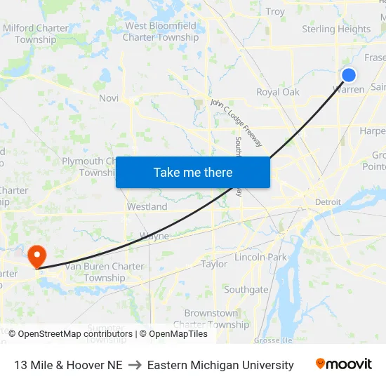 13 Mile & Hoover NE to Eastern Michigan University map