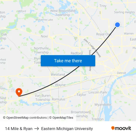 14 Mile & Ryan to Eastern Michigan University map