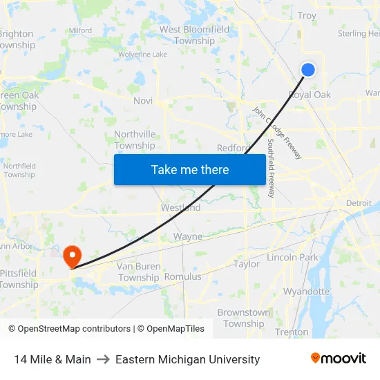 14 Mile & Main to Eastern Michigan University map