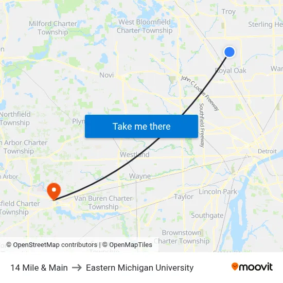14 Mile & Main to Eastern Michigan University map