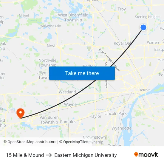 15 Mile & Mound to Eastern Michigan University map