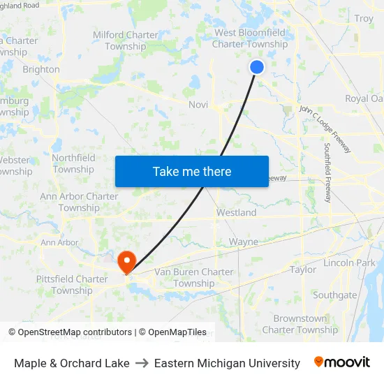Maple & Orchard Lake to Eastern Michigan University map