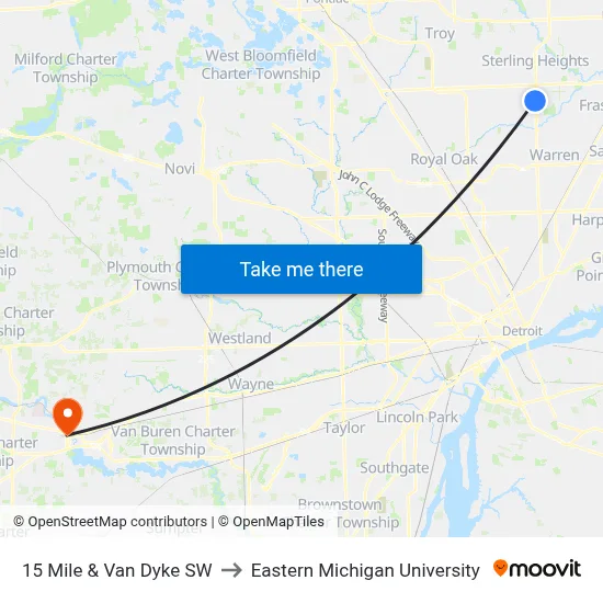15 Mile & Van Dyke SW to Eastern Michigan University map