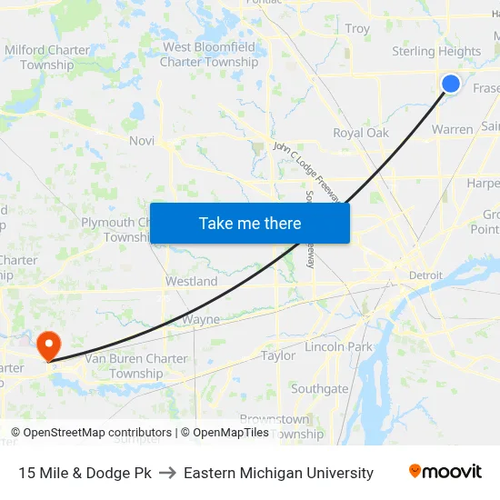 15 Mile & Dodge Pk to Eastern Michigan University map