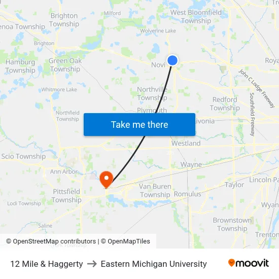 12 Mile & Haggerty to Eastern Michigan University map