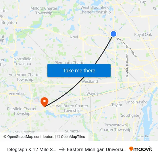 Telegraph & 12 Mile SW to Eastern Michigan University map