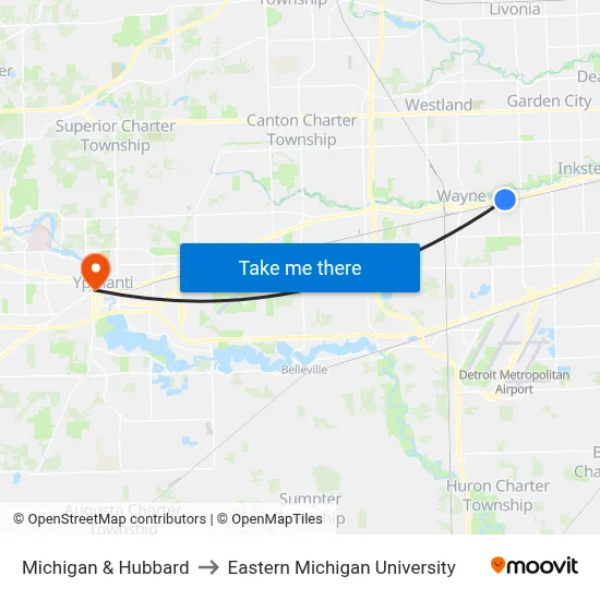 Michigan & Hubbard to Eastern Michigan University map