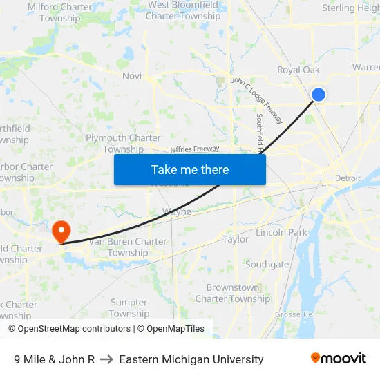 9 Mile & John R to Eastern Michigan University map