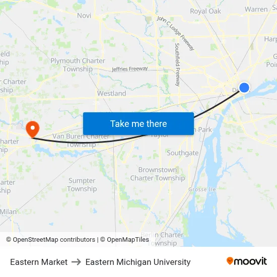 Eastern Market to Eastern Michigan University map