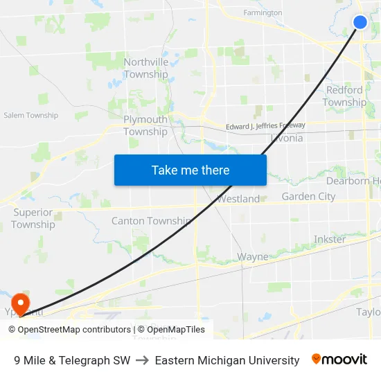 9 Mile & Telegraph SW to Eastern Michigan University map