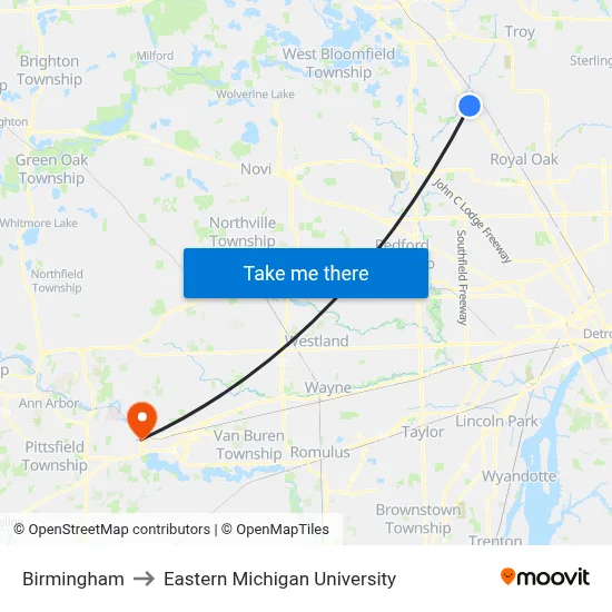Birmingham to Eastern Michigan University map