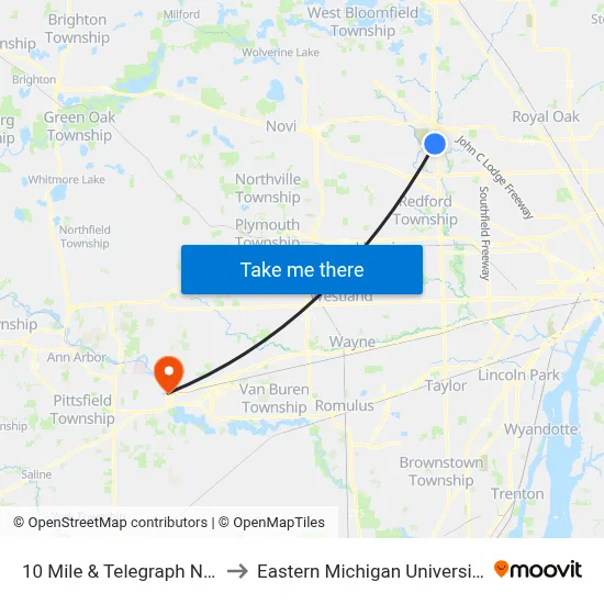 10 Mile & Telegraph NW to Eastern Michigan University map