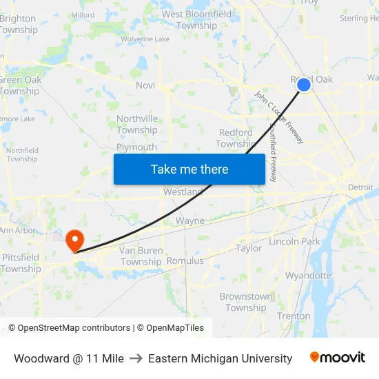 Woodward & 11 Mile to Eastern Michigan University map