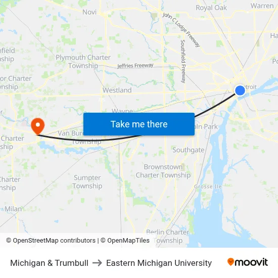 Michigan & Trumbull to Eastern Michigan University map