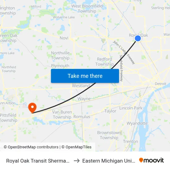 Royal Oak Transit Sherman Leave to Eastern Michigan University map