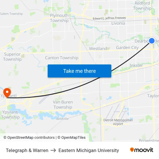 Telegraph & Warren to Eastern Michigan University map
