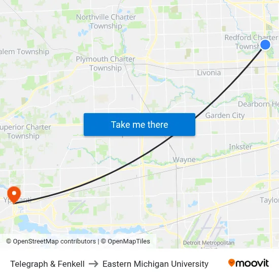 Telegraph & Fenkell to Eastern Michigan University map