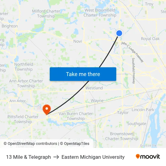 13 Mile & Telegraph to Eastern Michigan University map