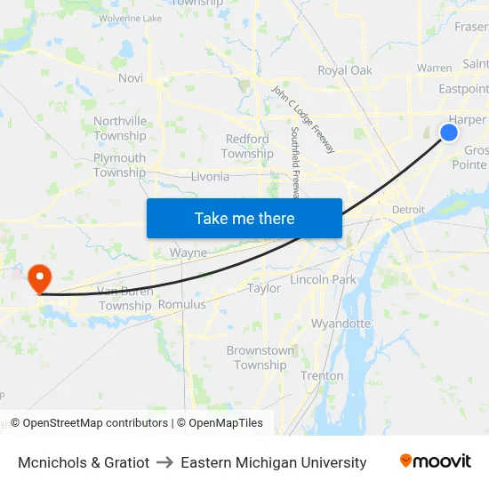 Mcnichols & Gratiot to Eastern Michigan University map