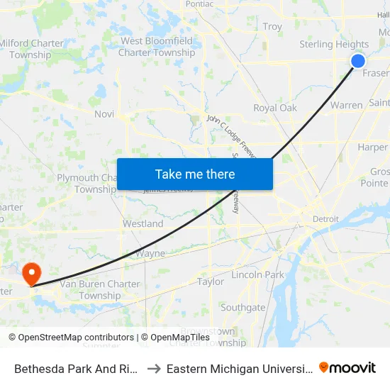 Bethesda Park And Ride to Eastern Michigan University map