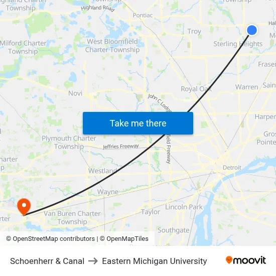 Schoenherr & Canal to Eastern Michigan University map