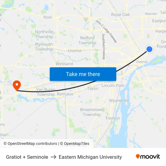 Gratiot & Seminole to Eastern Michigan University map