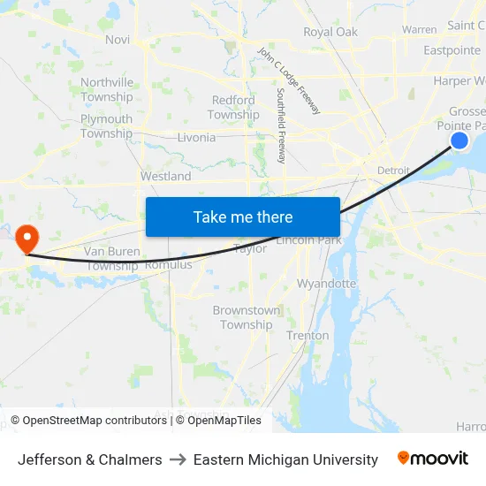 Jefferson & Chalmers to Eastern Michigan University map