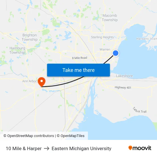 10 Mile & Harper to Eastern Michigan University map