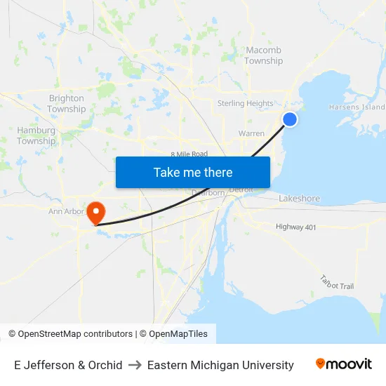 E Jefferson & Orchid to Eastern Michigan University map