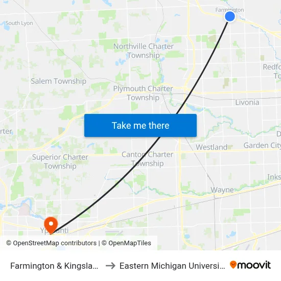 Farmington & Kingslane to Eastern Michigan University map
