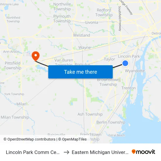 Lincoln Park Comm Center to Eastern Michigan University map