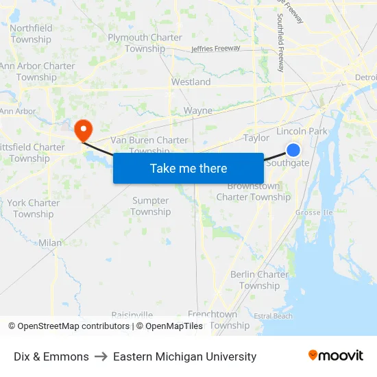 Dix & Emmons to Eastern Michigan University map