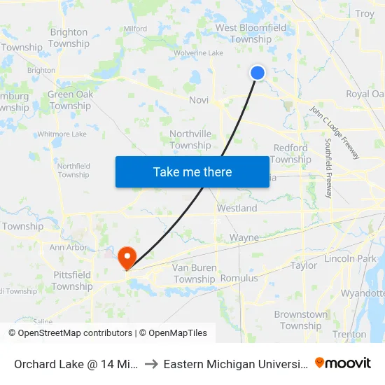 Orchard Lake @ 14 Mile to Eastern Michigan University map