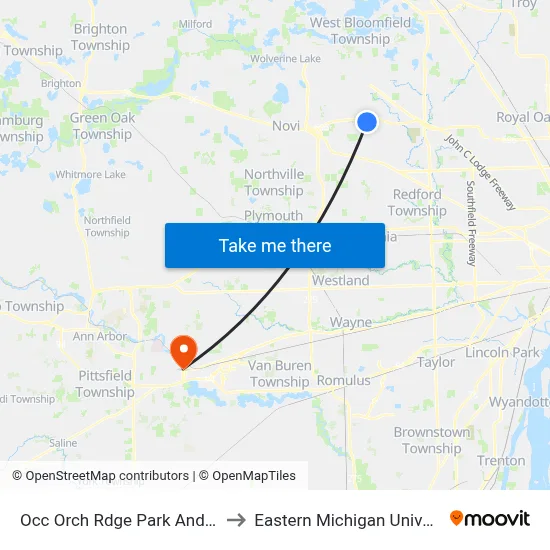 Occ Orch Rdge Park And Ride to Eastern Michigan University map