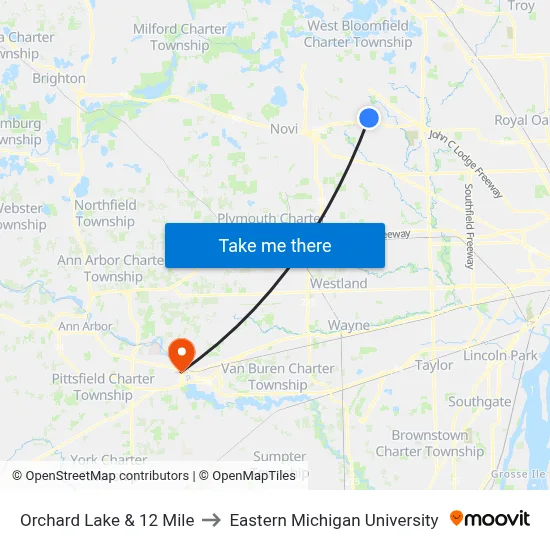Orchard Lake & 12 Mile to Eastern Michigan University map