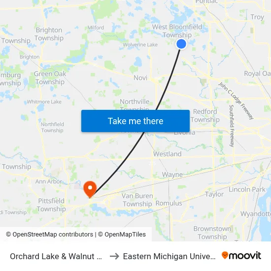 Orchard Lake & Walnut Lake to Eastern Michigan University map
