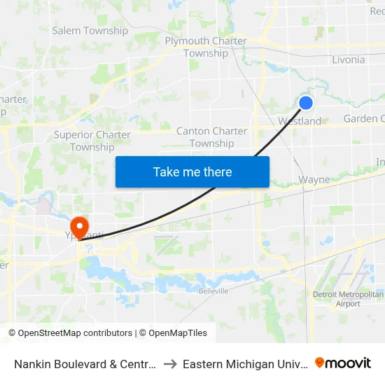 Nankin Boulevard & Central City to Eastern Michigan University map