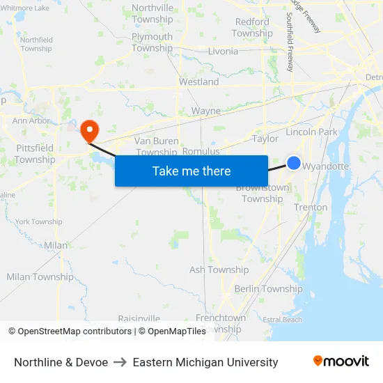 Northline & Devoe to Eastern Michigan University map