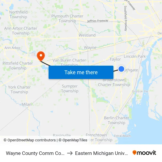 Wayne County Comm College to Eastern Michigan University map