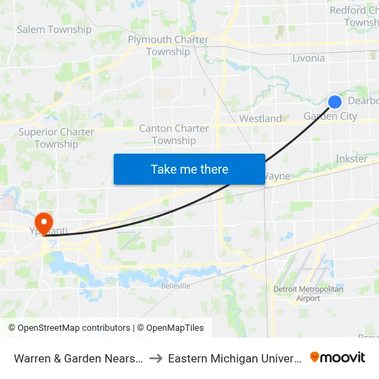 Warren & Garden Nearside to Eastern Michigan University map
