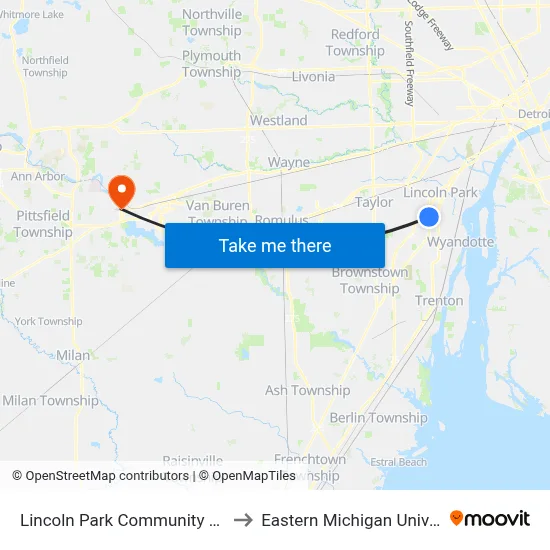 Lincoln Park Community Center to Eastern Michigan University map