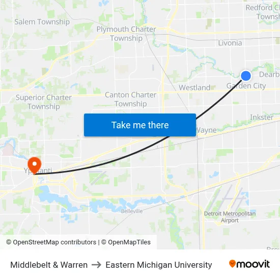 Middlebelt & Warren to Eastern Michigan University map