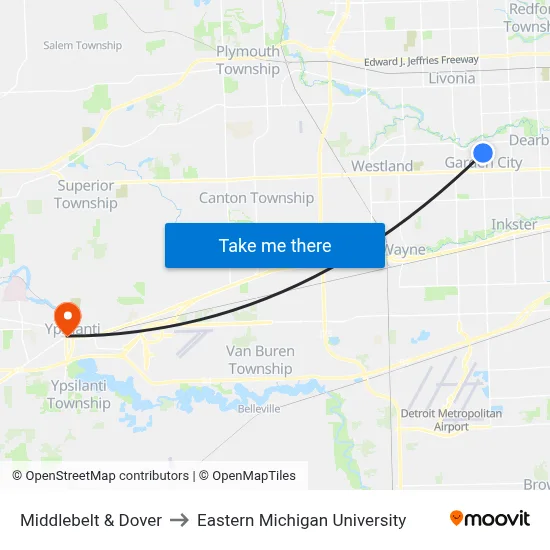 Middlebelt & Dover to Eastern Michigan University map