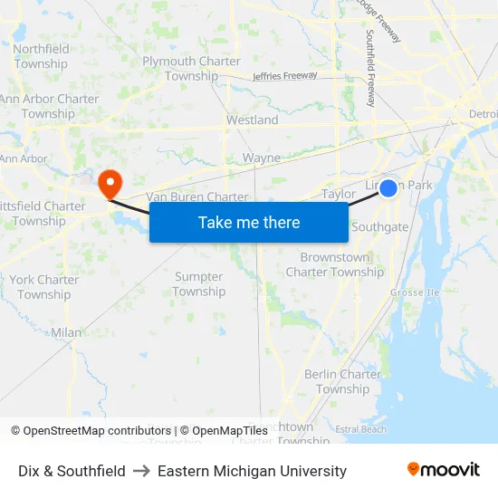 Dix & Southfield to Eastern Michigan University map