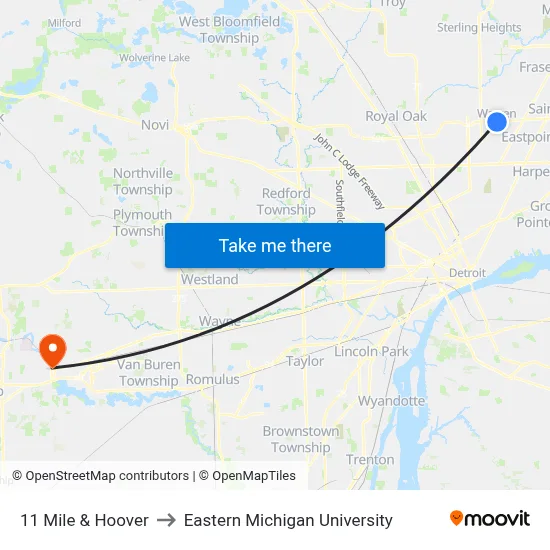 11 Mile & Hoover to Eastern Michigan University map