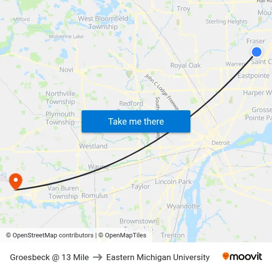 Groesbeck @ 13 Mile to Eastern Michigan University map