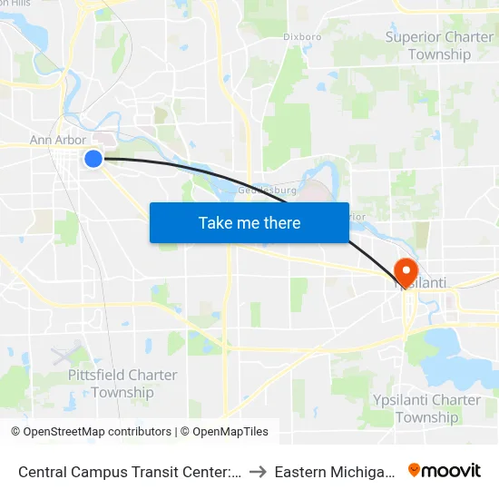 Central Campus Transit Center: Ruthven Museum to Eastern Michigan University map