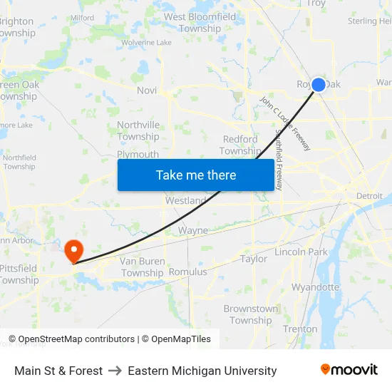 Main St & Forest to Eastern Michigan University map