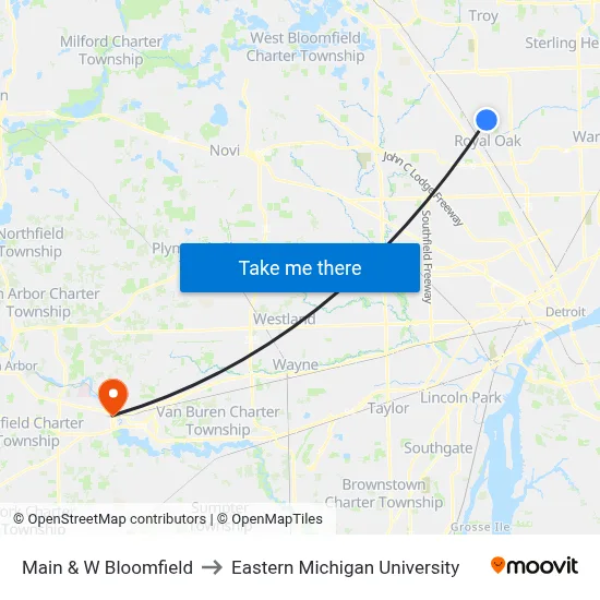 Main & W Bloomfield to Eastern Michigan University map